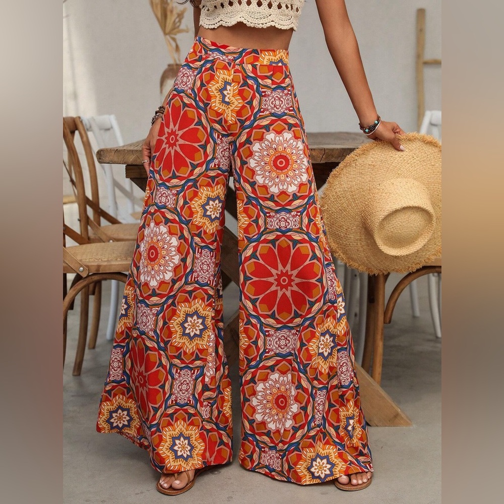 Boho gypsy floral print wide leg high waist pants